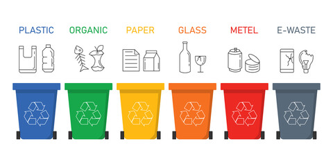Garbage different types icons. Waste separation plastic,paper,metal,organic,glass,e waste. recycling infographic. isolated on white background. vector illustration - obrazy, fototapety, plakaty