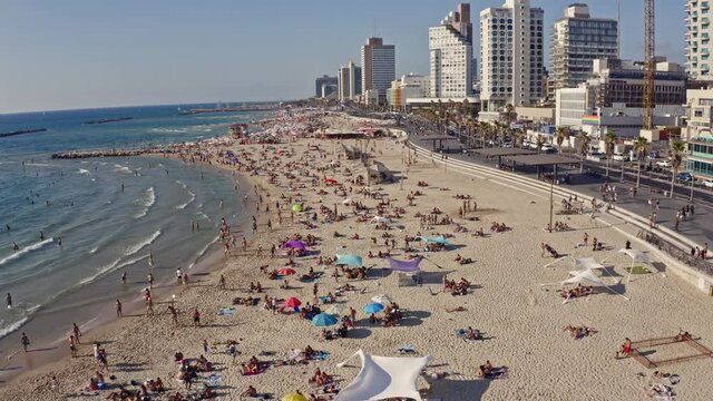 Tel Aviv promenade sunny summer day aerial drone view, Israel