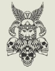 illustration vintage viking head with skull and eagle bird