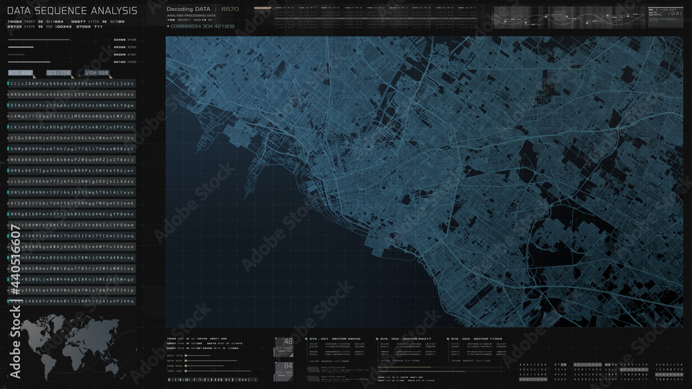 Poster Futuristic digital city map layout with satellite GPS coordinate searching and target tracking, interface head up display screen with data telemetry information for background display