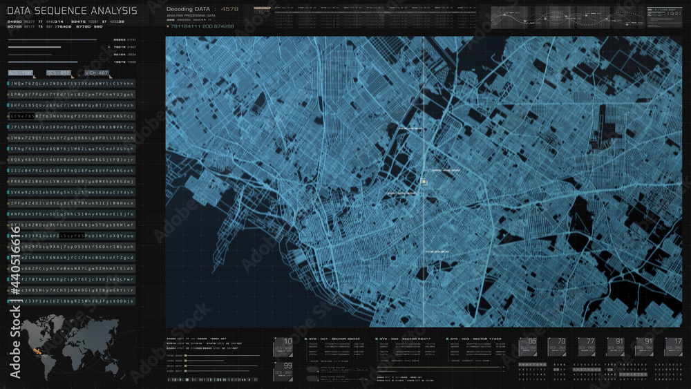Fototapete Futuristic digital city map layout with satellite GPS coordinate searching and target tracking, interface head up display screen with data telemetry information for background display