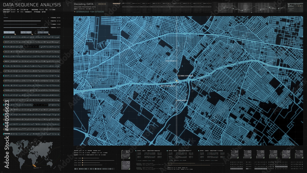 Leinwandbilder Futuristic digital city map layout with satellite GPS coordinate searching and target tracking, interface head up display screen with data telemetry information for background display