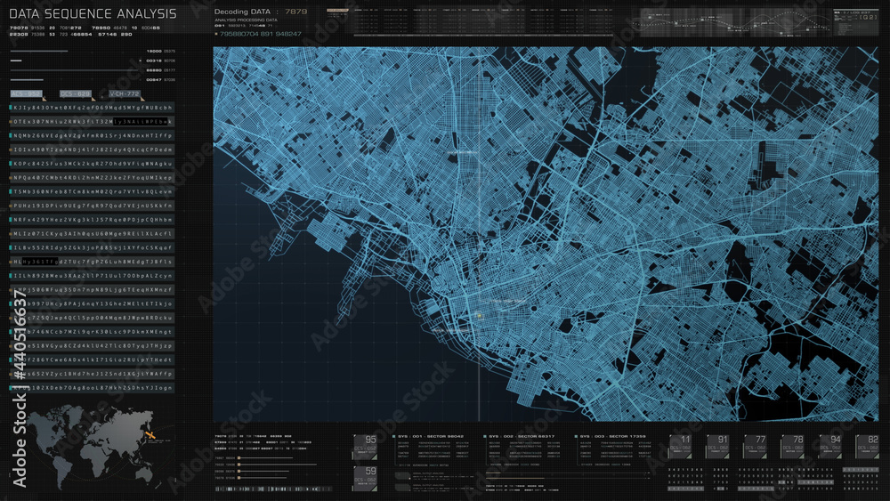 Poster Futuristic digital city map layout with satellite GPS coordinate searching and target tracking, interface head up display screen with data telemetry information for background display