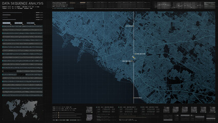 Futuristic digital city map layout with satellite GPS coordinate searching and target tracking, interface head up display screen with data telemetry information for background display