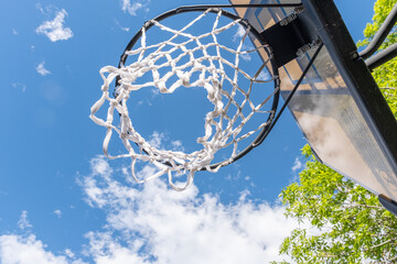 Basketball hoop outside in summer on driveway