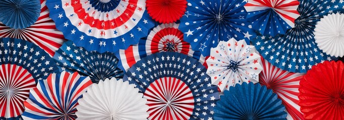Vibrant red white and blue paper fans background. For 4th of July, Memorial day, Veteran's day, or other patriotic holiday celebrations. - obrazy, fototapety, plakaty