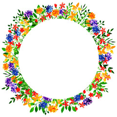 Floral round frame made of bright watercolor flowers.