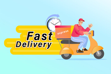 Ecommerce concept. Online shopping. Online delivery service concept. Fast delivery by scooter via mobile phone. Man riding motorcycle. Vector illustration.