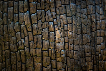Patterned surface of the wood is burned.