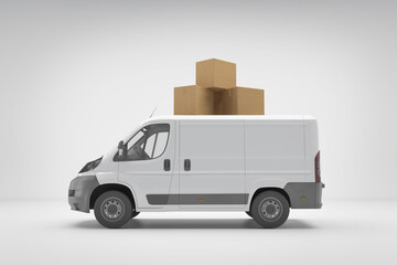 Parcel delivery vans with paper boxes on white background, Transport, shipping industry. 3d rendering