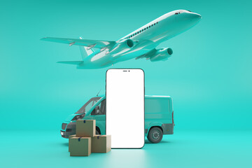 Online delivery service concept. on smartphone, plane and van with package box on blue background, 3d rendering