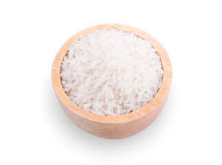 rice in wood bowl isolated on white background