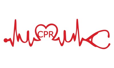 CPR pulse electrocardiogram. Vector red line heart seamless beat with stethoscope on white background concept.