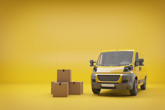 Parcel delivery vans with paper boxes on yellow background, Transport, shipping industry. 3d rendering