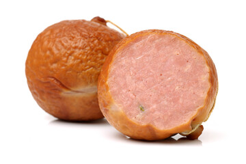 cooked boiled ham sausage on white background