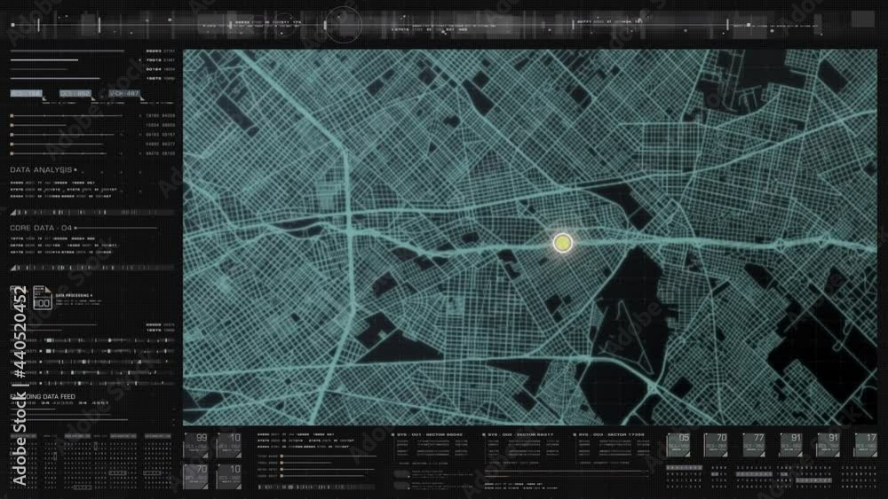 Poster Futuristic digital city map layout with satellite GPS coordinate searching and target tracking, interface head up display screen with data telemetry information for background display