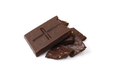 chocolate sheets and broken plates on a white background