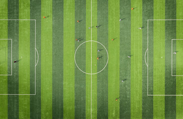 Drone aerial photography of athletes on football field