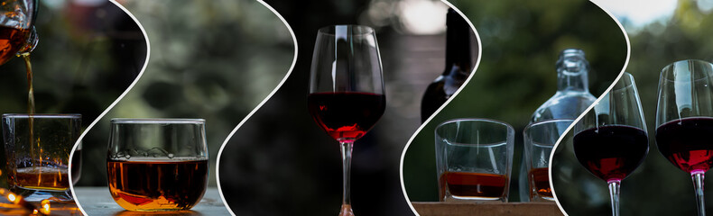 Cheers clinking of friends in party. Whisky glass and wine glass, party, bartender food and drink concept.	