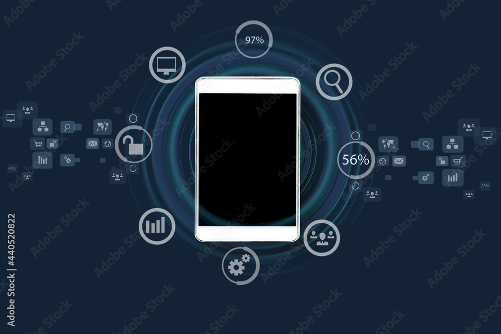 Poster internet technology network concept, business virtual hologram through the computer screen, mobile a