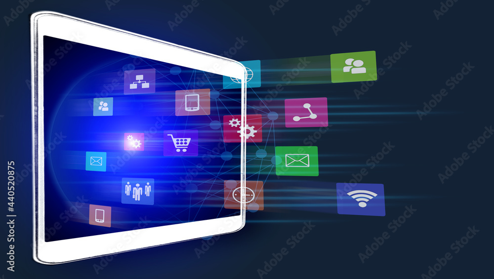 Poster internet technology network concept, business virtual hologram through the computer screen, mobile a