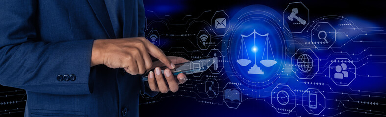 Concepts of Law and Legal services. Lawyer working with law technology digital innovation interface...
