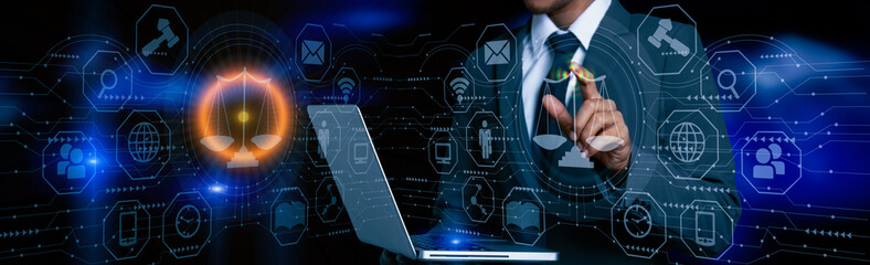 Concepts of Law and Legal services. Lawyer working with law interface icons. Blurred background.	