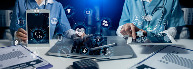 Medicine doctor using digital healthcare and network connection on hologram modern virtual screen...