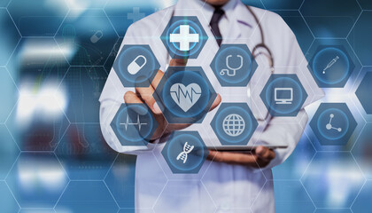 Medicine doctor touching on digital tablet and hologram modern virtual screen interface icons, Medical technology and futuristic concept.
