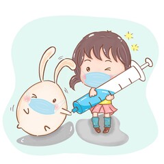 Little girl put vaccine and wearing mask with little rabbit for protect from coronavirus.illustration 