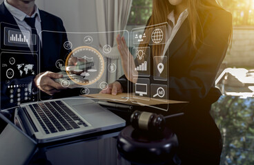 Concepts of Law and Legal services. Lawyer working with law interface icons. Blurred background.	