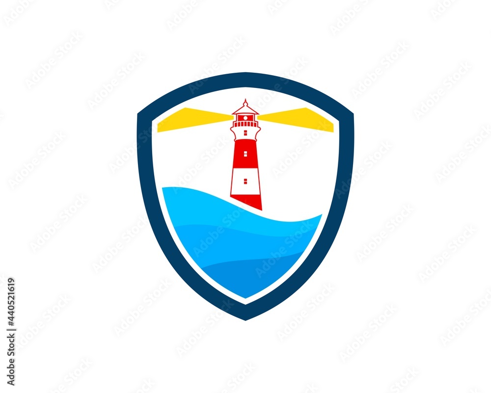 Sticker Simple shield with abstract beach wave and lighthouse inside