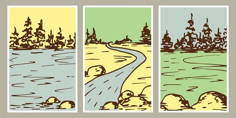 Hand-drawn vector poster set. Wildlife of the northern countries. Landscape and nature, river, stones, conifers. Illustration in green-blue and beige colors. For prints, covers, postcards.