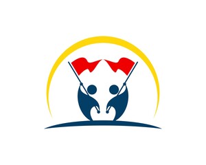Circular swoosh with two people waving flags