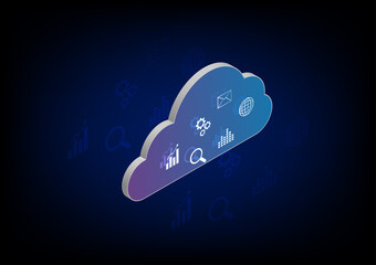 Cloud data storage concept. Isometric cloud computing, wifi, money, data and lock security Communication of business and financial.