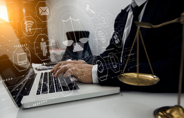 Concepts of Law and Legal services. Lawyer working with law interface icons. Blurred background.	