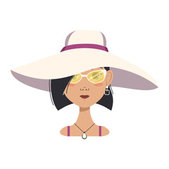Avatar of a woman with black hair, short hairstyle, face, glasses and a summer hat. Human face with a smile, fashionable girl on the beach