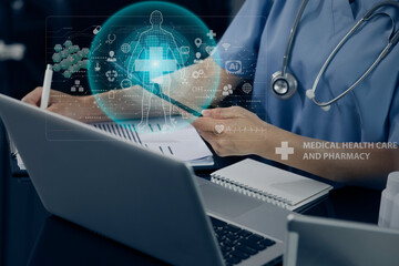 Medicine doctor using digital healthcare and network connection on hologram modern virtual screen...