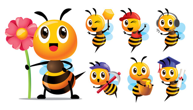 Cartoon cute bee character series with different type of poses. Cute Bee holding flower, holding honey cell, wearing headset, carrying hoe, carrying honey pot and education - mascot set