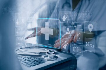 Medicine doctor using digital healthcare and network connection on hologram modern virtual screen interface icons, Medical technology futuristic concept.