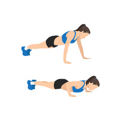 Woman doing Wide push ups exercise. Flat vector illustration isolated on white background