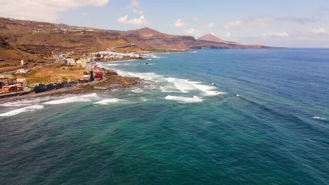 Photo with drone of the coast in the canary islands and landscape of mountains
