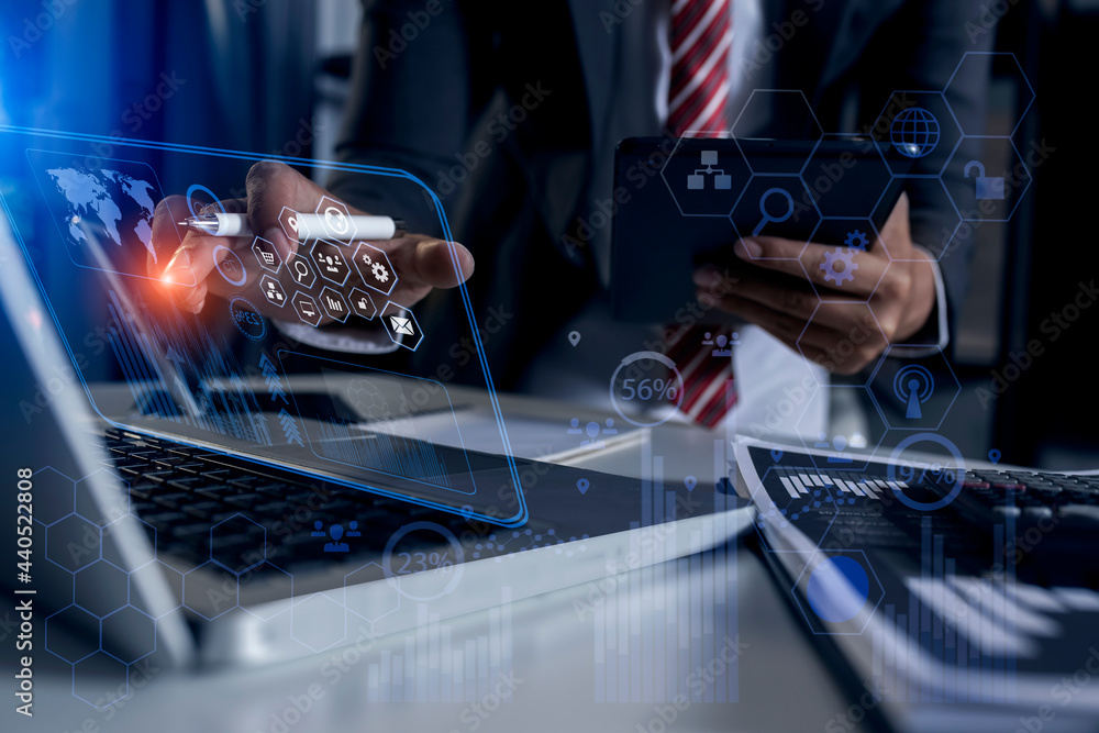 Poster selective focus of businessman hands working on data analytics report and digital finance marketing 