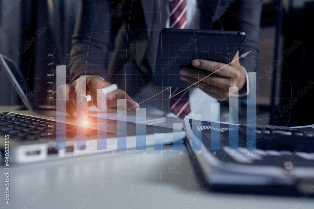 Poster selective focus of businessman hands working on data analytics report and digital finance marketing 