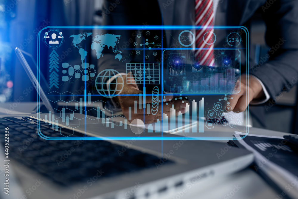 Poster selective focus of businessman hands working on data analytics report and digital finance marketing 