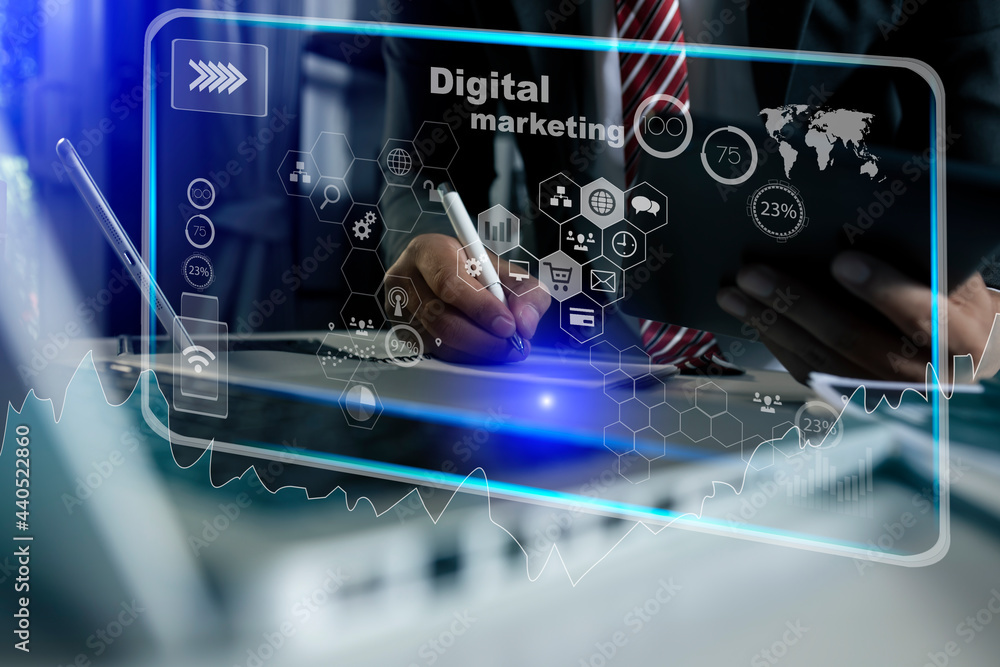 Poster business with digital network connection and virtual interface screen, business digital and technolo