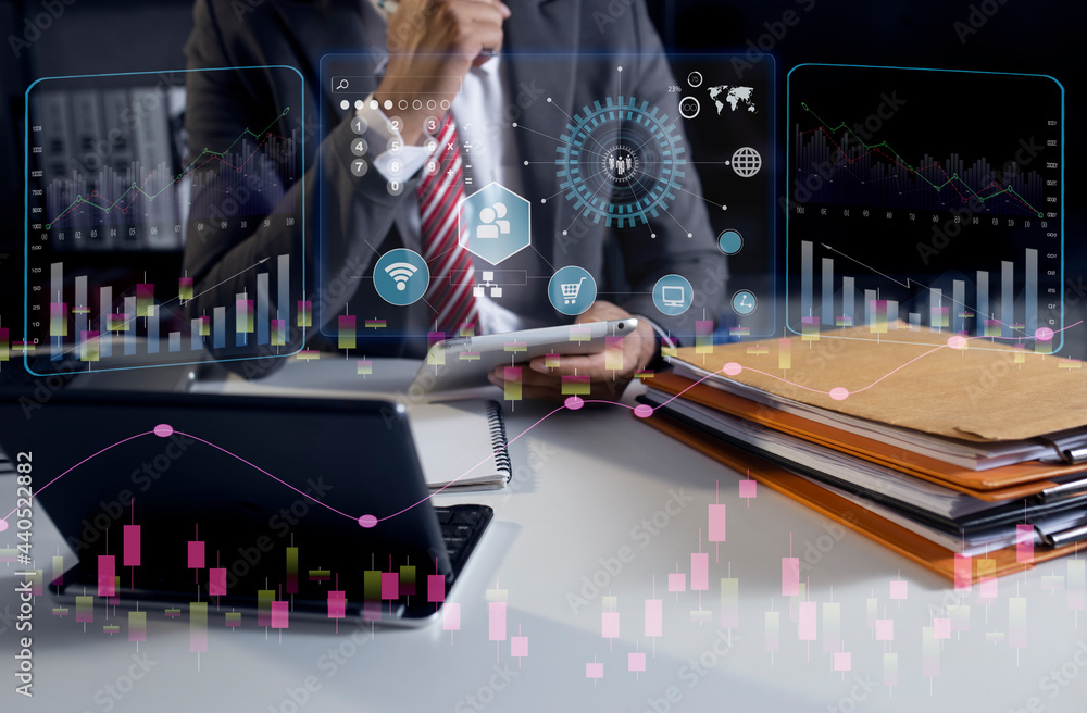 Poster business with digital network connection and virtual interface screen, business digital and technolo