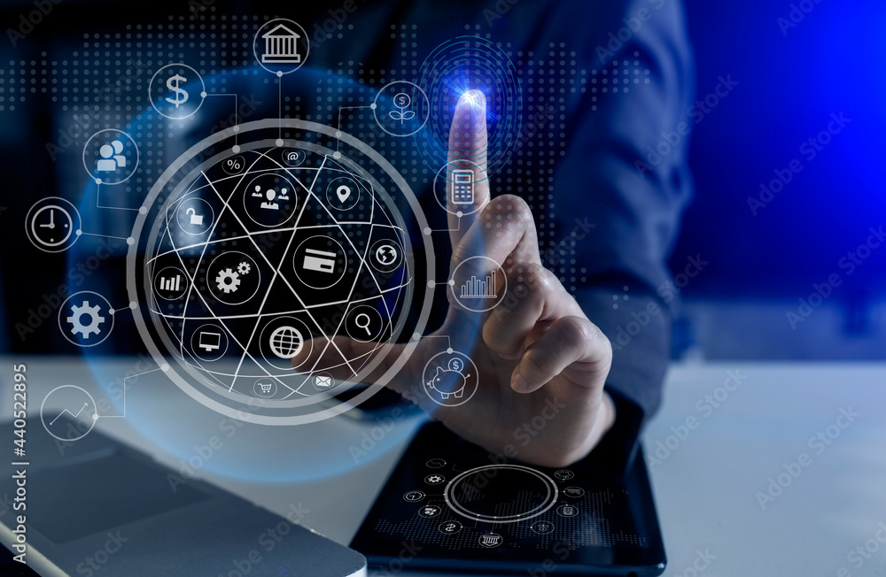 Poster business with digital network connection and virtual interface screen, business digital and technolo