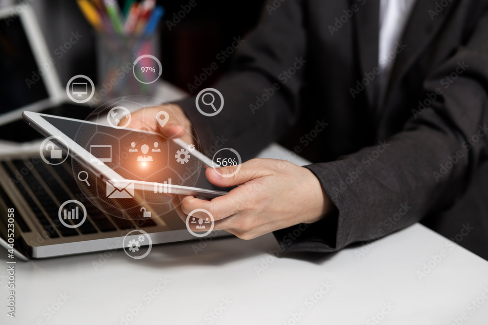 Poster business with digital network connection and virtual interface screen, business digital and technolo
