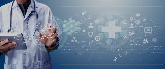 Medicine doctor touching on digital tablet and hologram modern virtual screen interface icons, Medical technology and futuristic concept.

